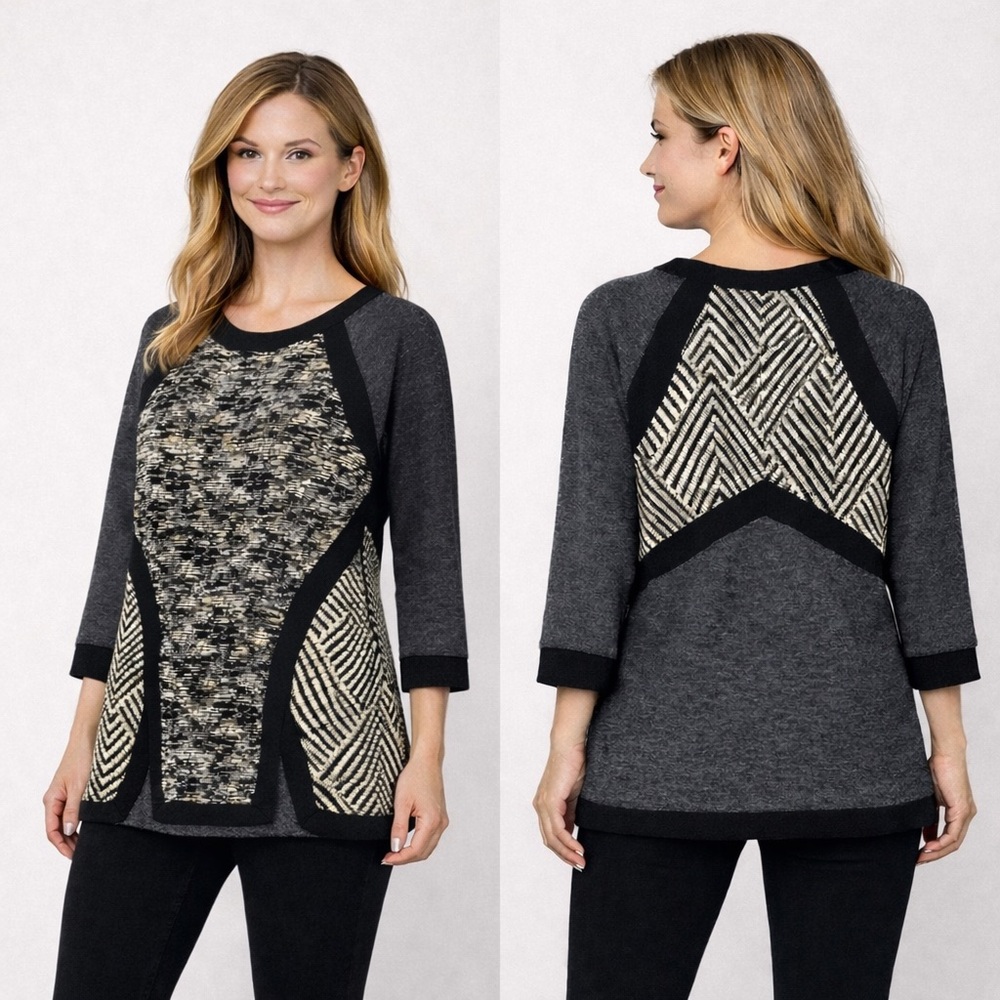 Anthropologie Harlyn Sweater Top Women's Sz M‎ Gray Black Tunic Back Zip Art